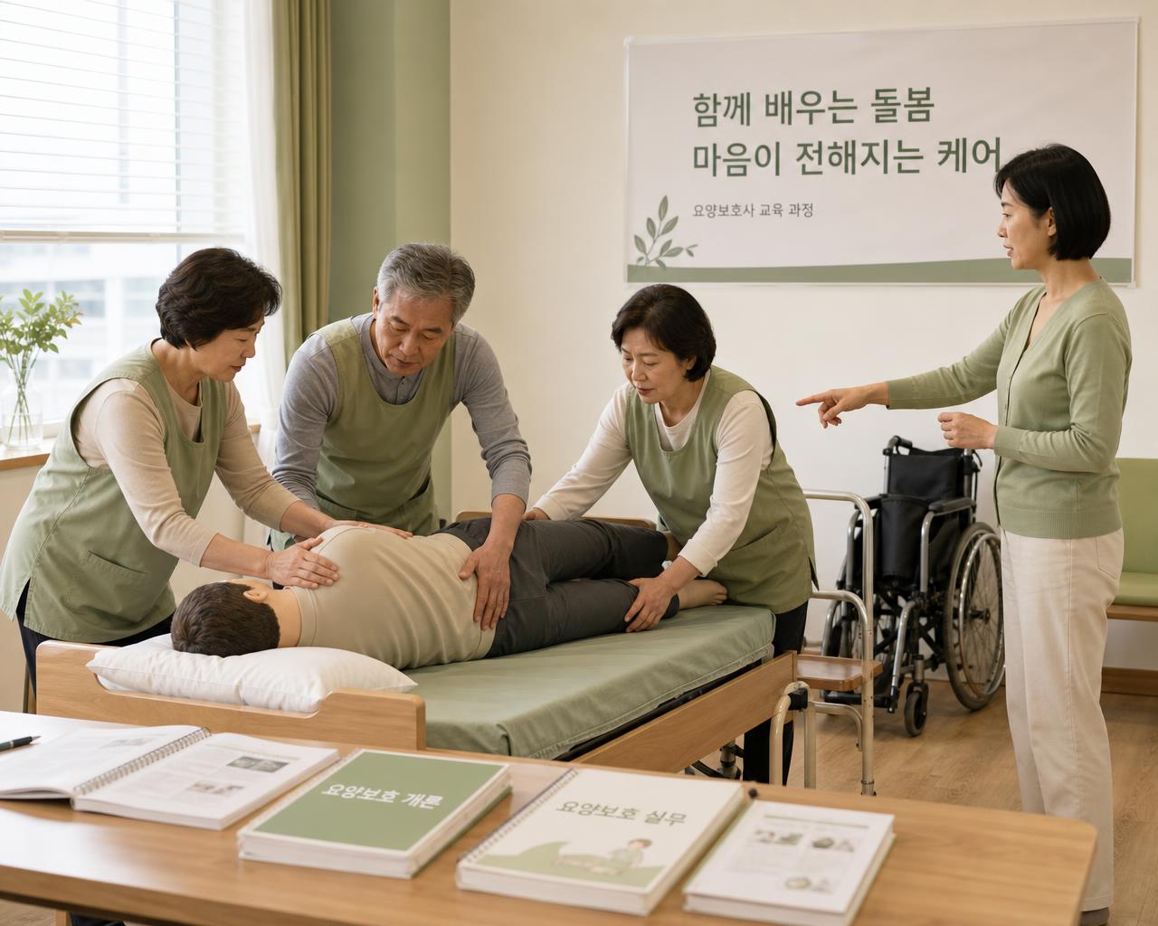 요양보호사 교육 실습실에서 50~60대 교육생들이 교육용 침대에서 체위변경 실습을 하고 전문 강사가 정확한 동작을 지도하는 모습